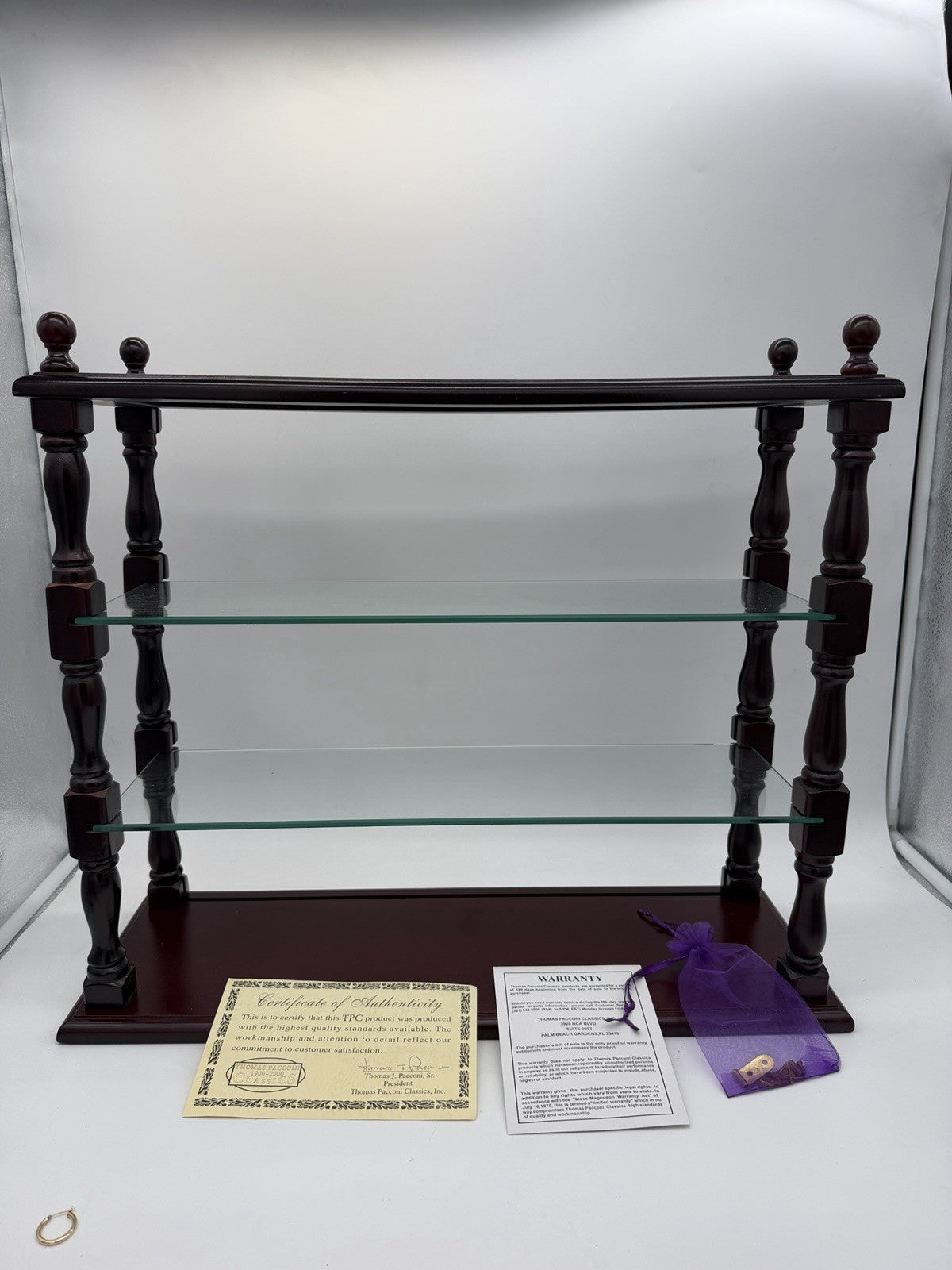 Vintage Thomas Pacconi Classics Wooden Mahogany Wall Shelf  Glass Display