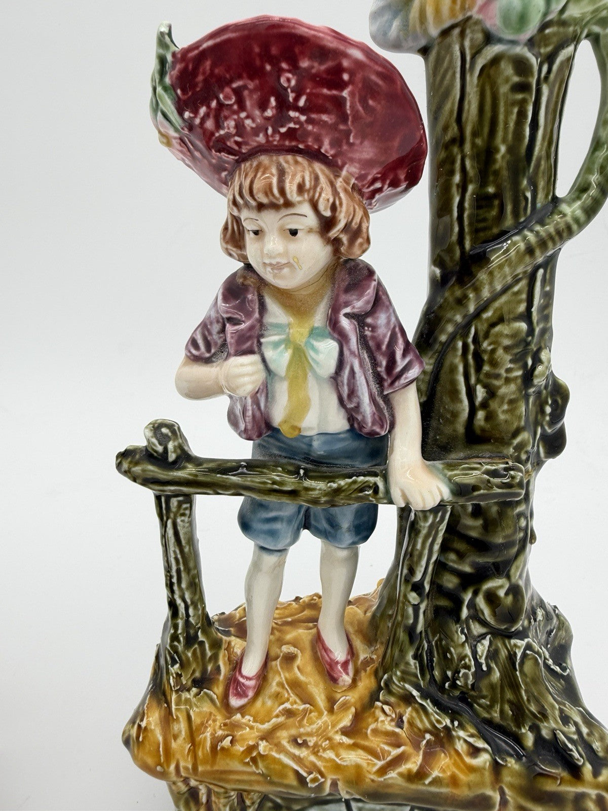 Antique Brothers Urbach Teplitz Bohemian Austrian Majolica Boy Girl Vase 11”