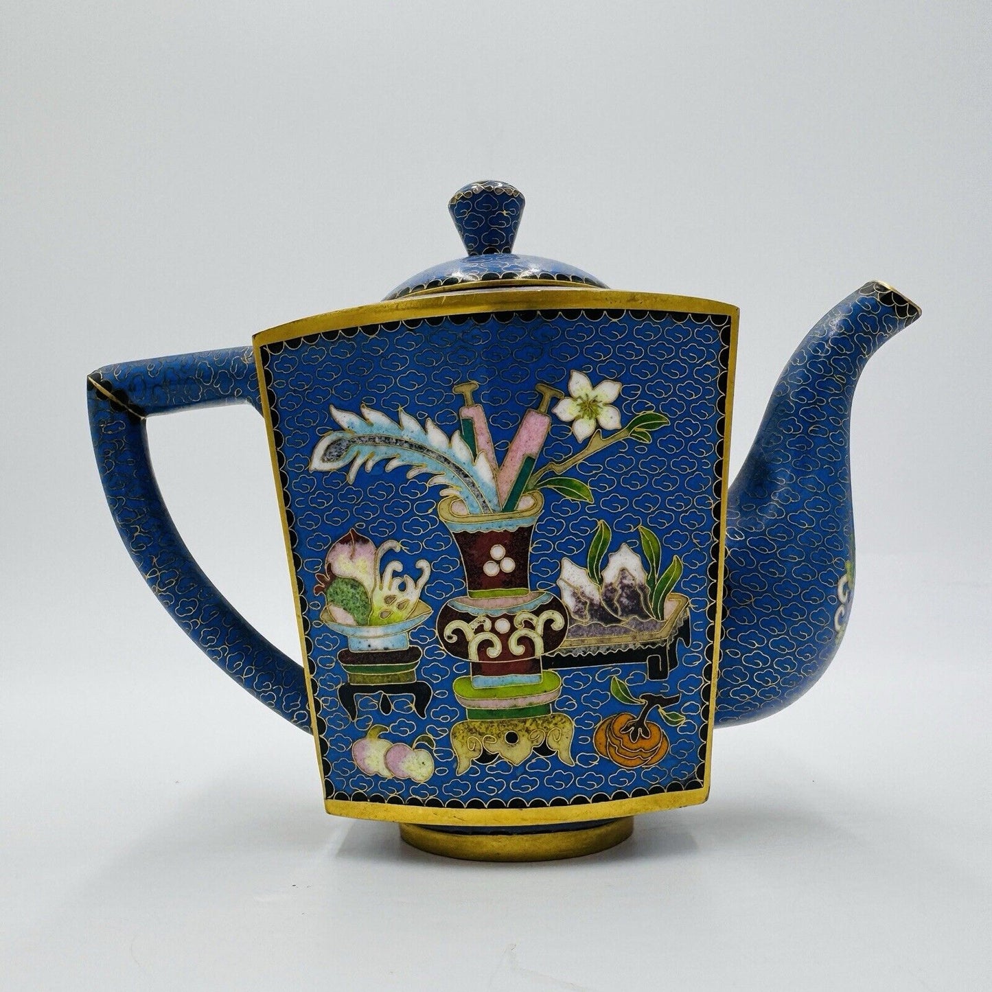 Antique cloisonne enamel teapot 19th C. Qing dynasty Brass Lidded W:7-1/2" H:6"