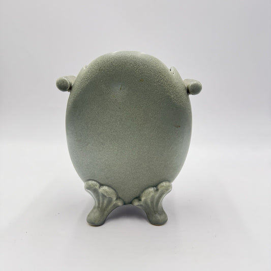 Celadon Art Pottery Green Footed Vase Double Handle Chinese 6.5”h X 2”w X 5.5”