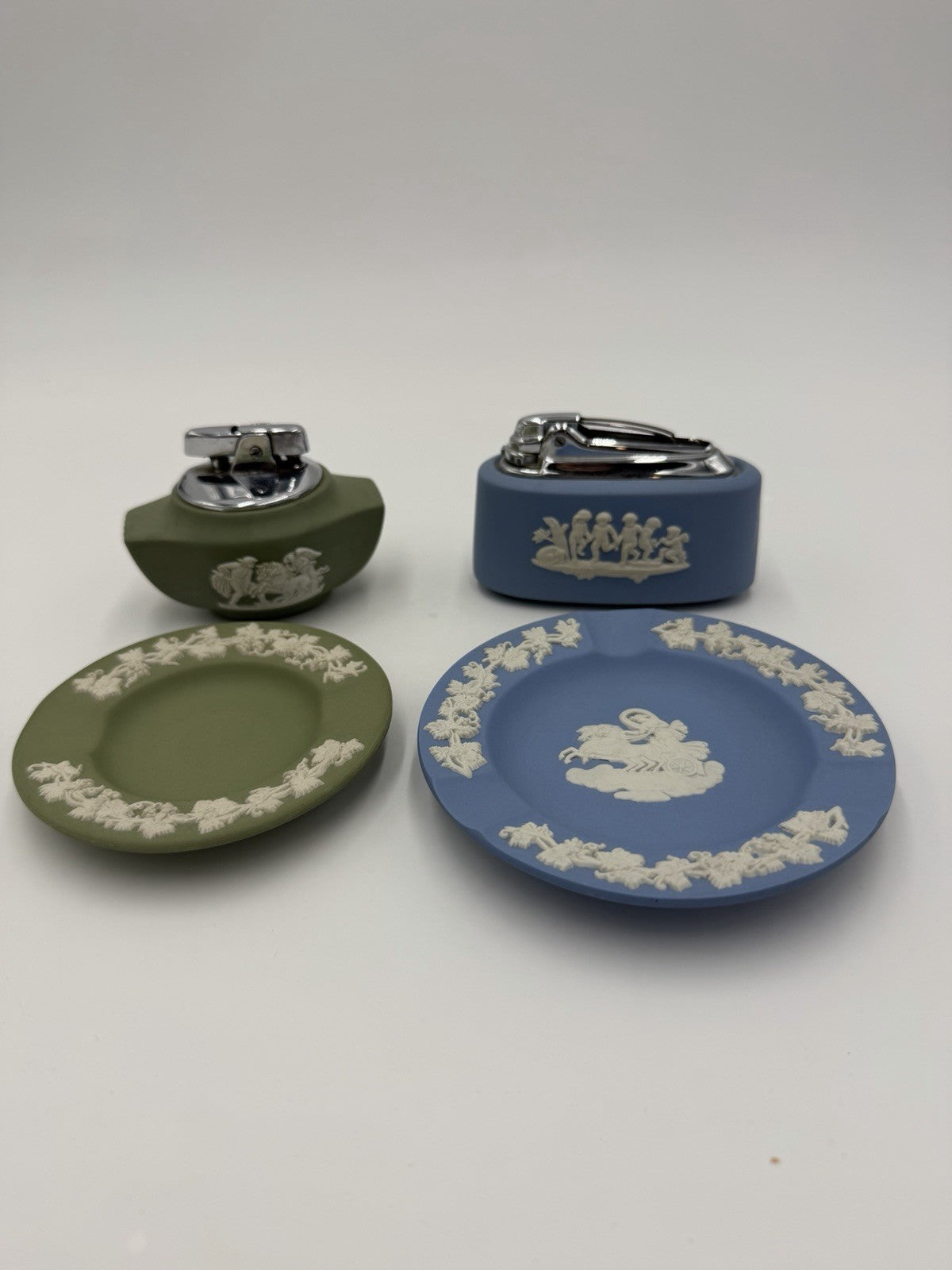 Wedgwood Jasperware Green &blue Lighters Ashtray Set 4 PCs England Porcelain