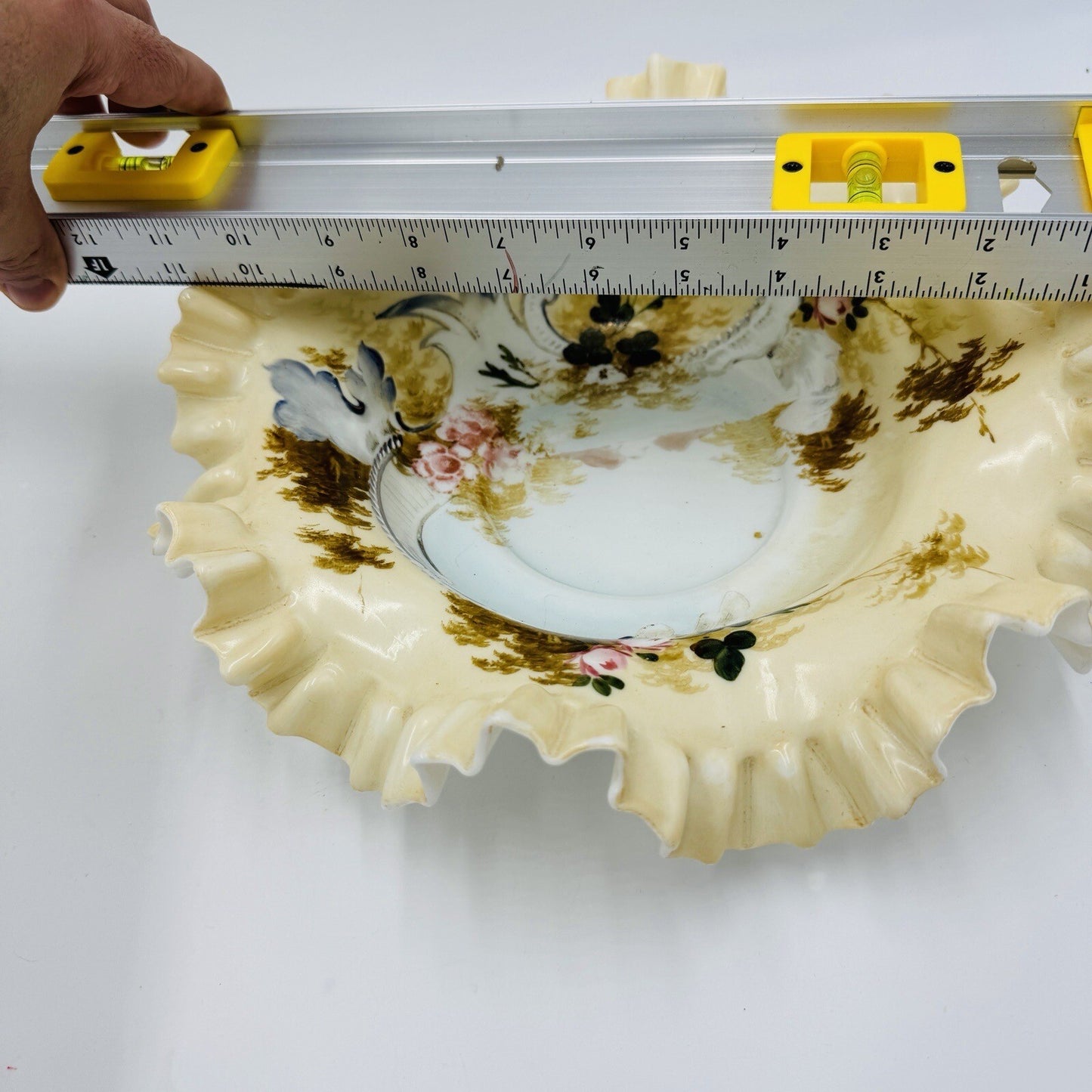 Antique Victorian Art Glass Ruffle Handpainted Bowl Large Floral