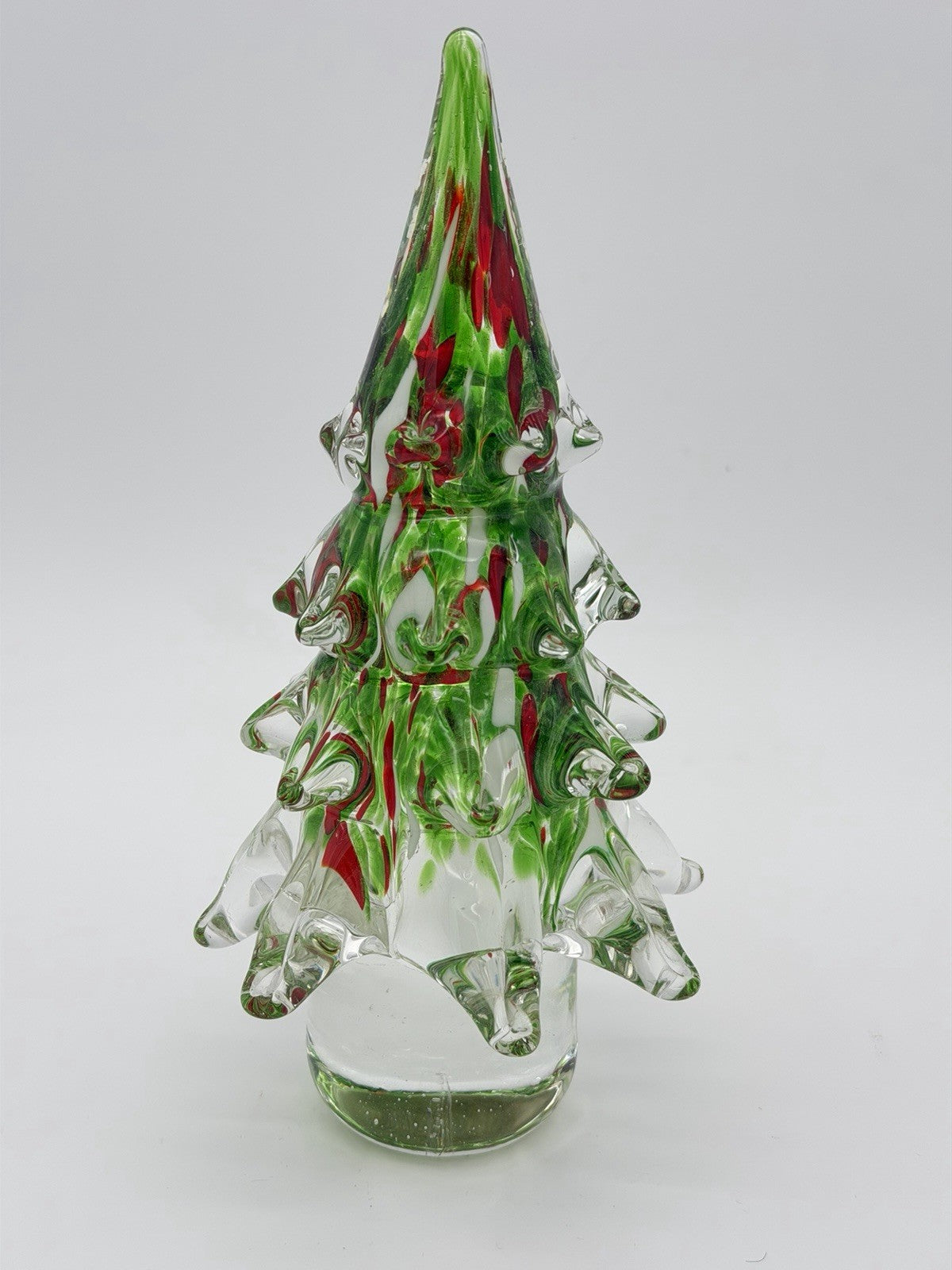 Vtg Hand Blown Art Glass Christmas Tree 9.5”H Green & Red Paperweight Figurine