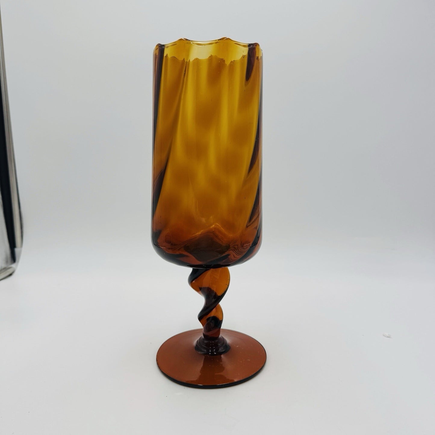 MCM Empoli Art Glass Italy Amber Optic Footed Twisted  Swirl Stem Vase Compote