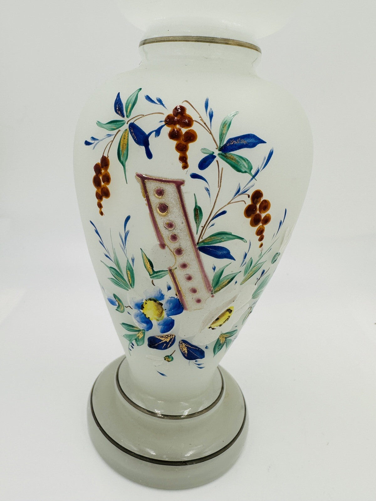 Vase Victorian Bristol Opaline Floral Hand Blown & Hand-Painted on White Decor
