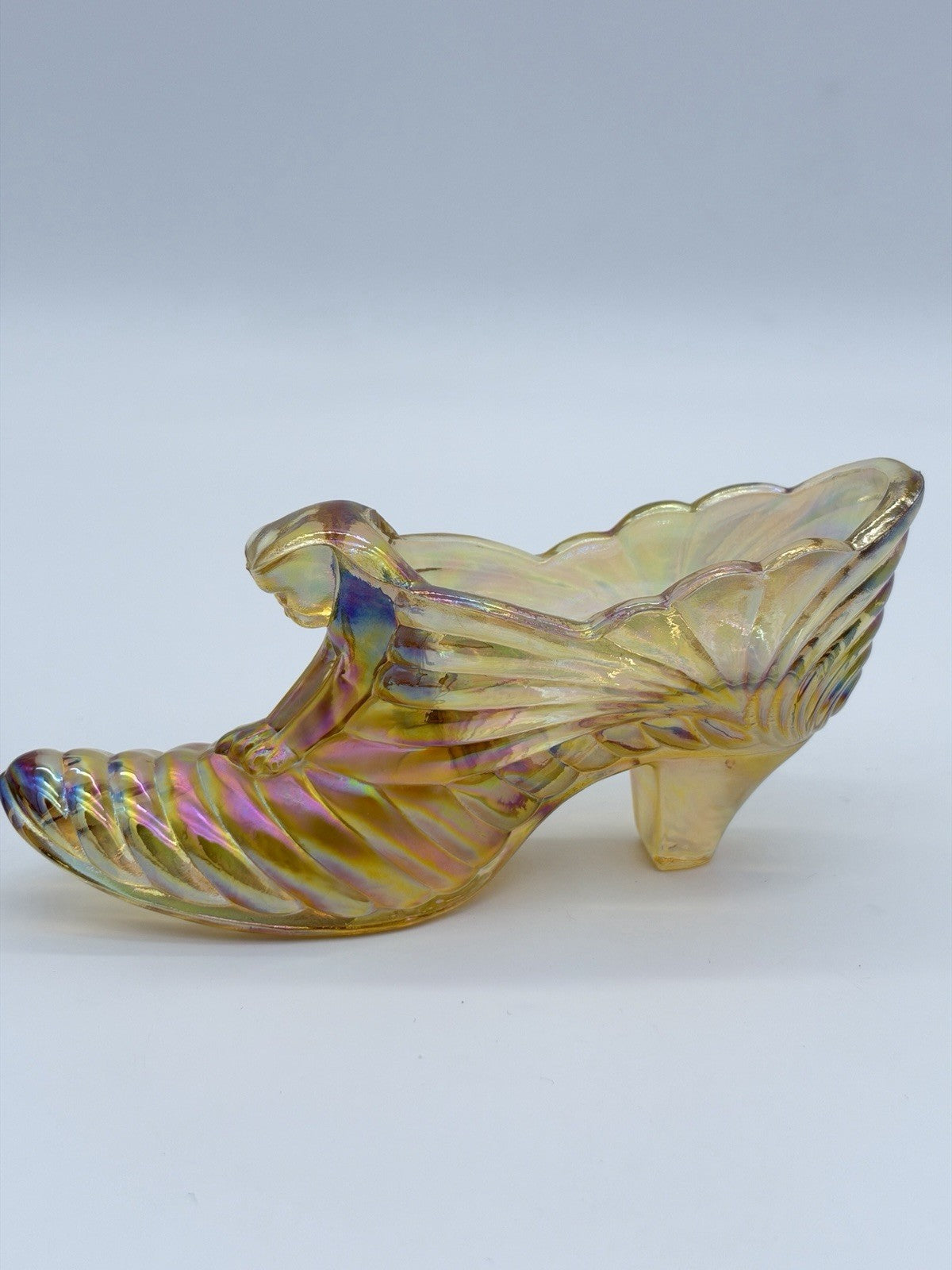 Fenton Art Glass Yellow Iridescent Cougar Cart Slipper Shoe Victorian Figurine