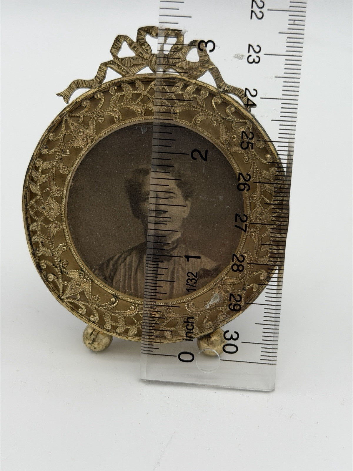 Antique Victorian French Gold Gilt Round Filigree Bow Crest Mini Photo Frame