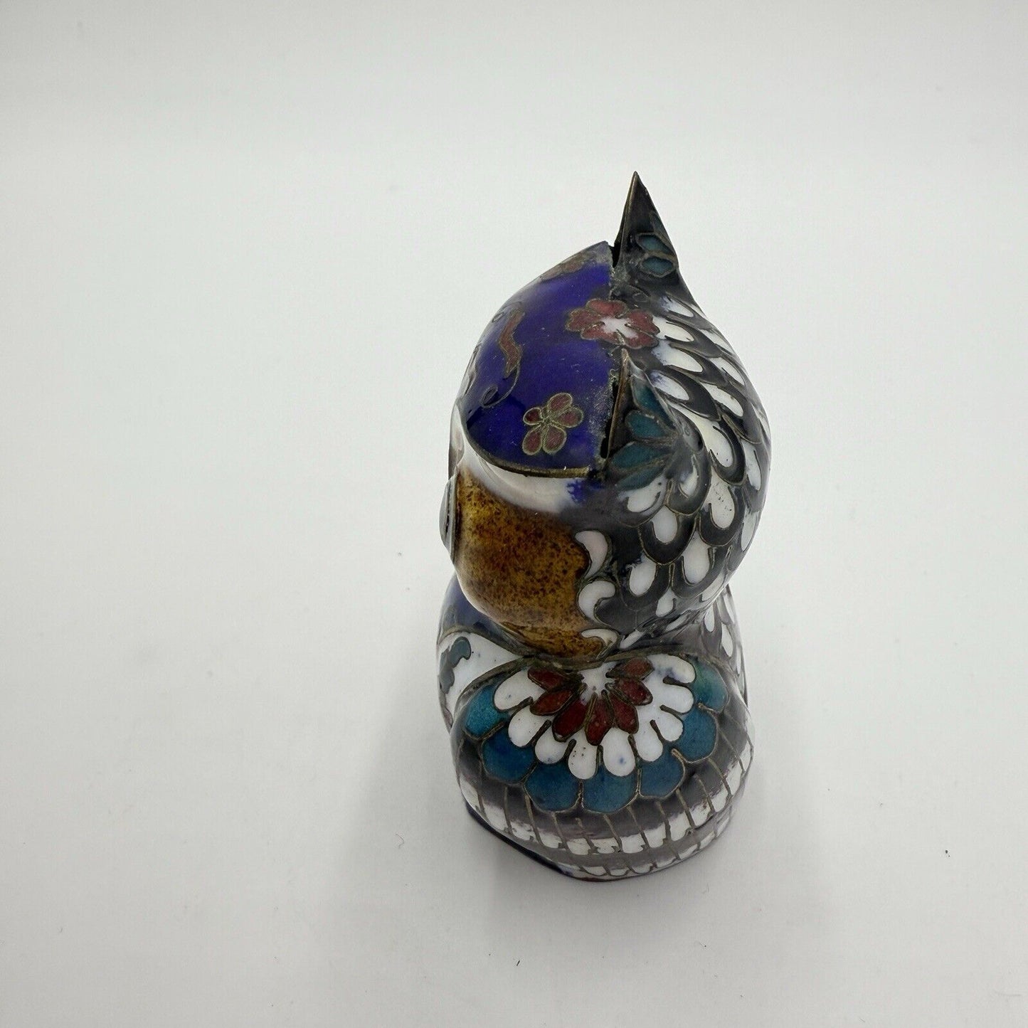 Vintage Cloisonne Chinese Brass Enameled Owl Figurine 3”