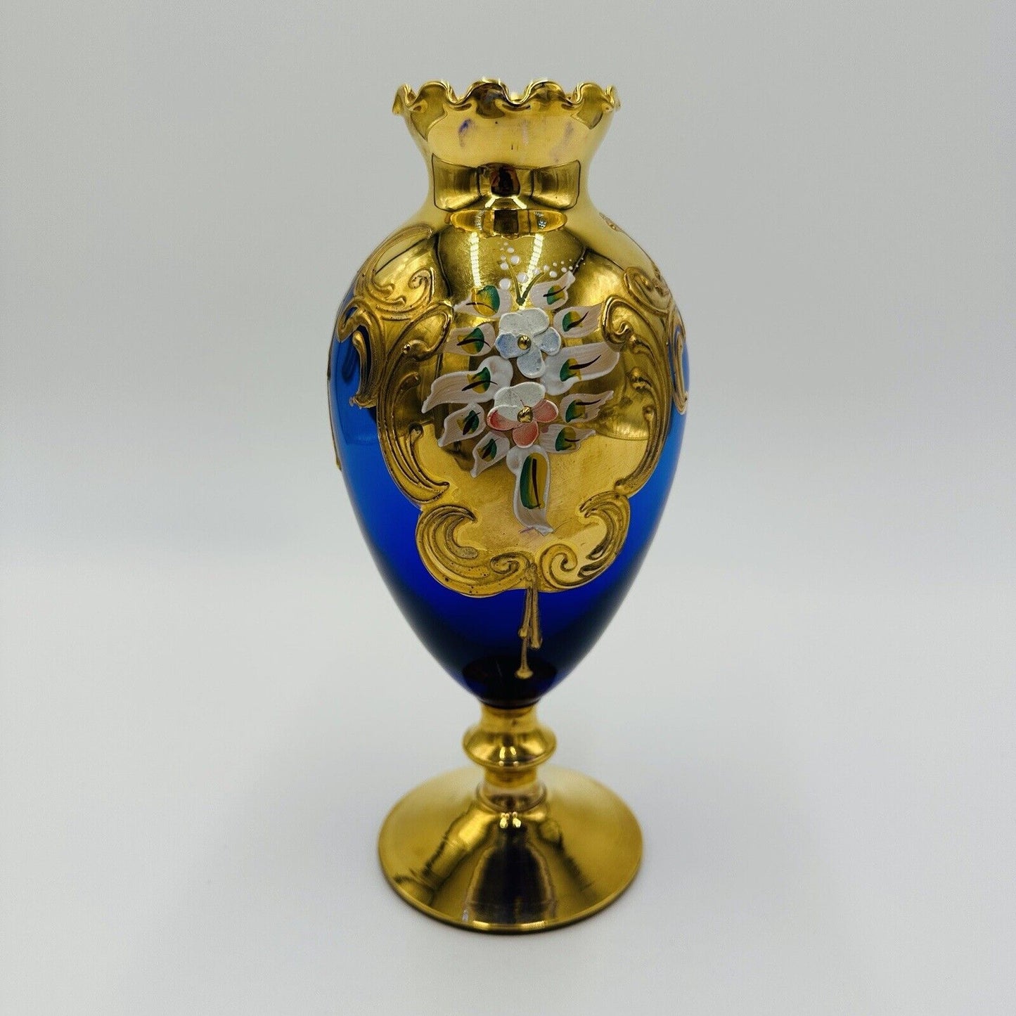 Venetian Italian Vase Cobalt Blue Ruffle Footed Gold Glass Floral Applique