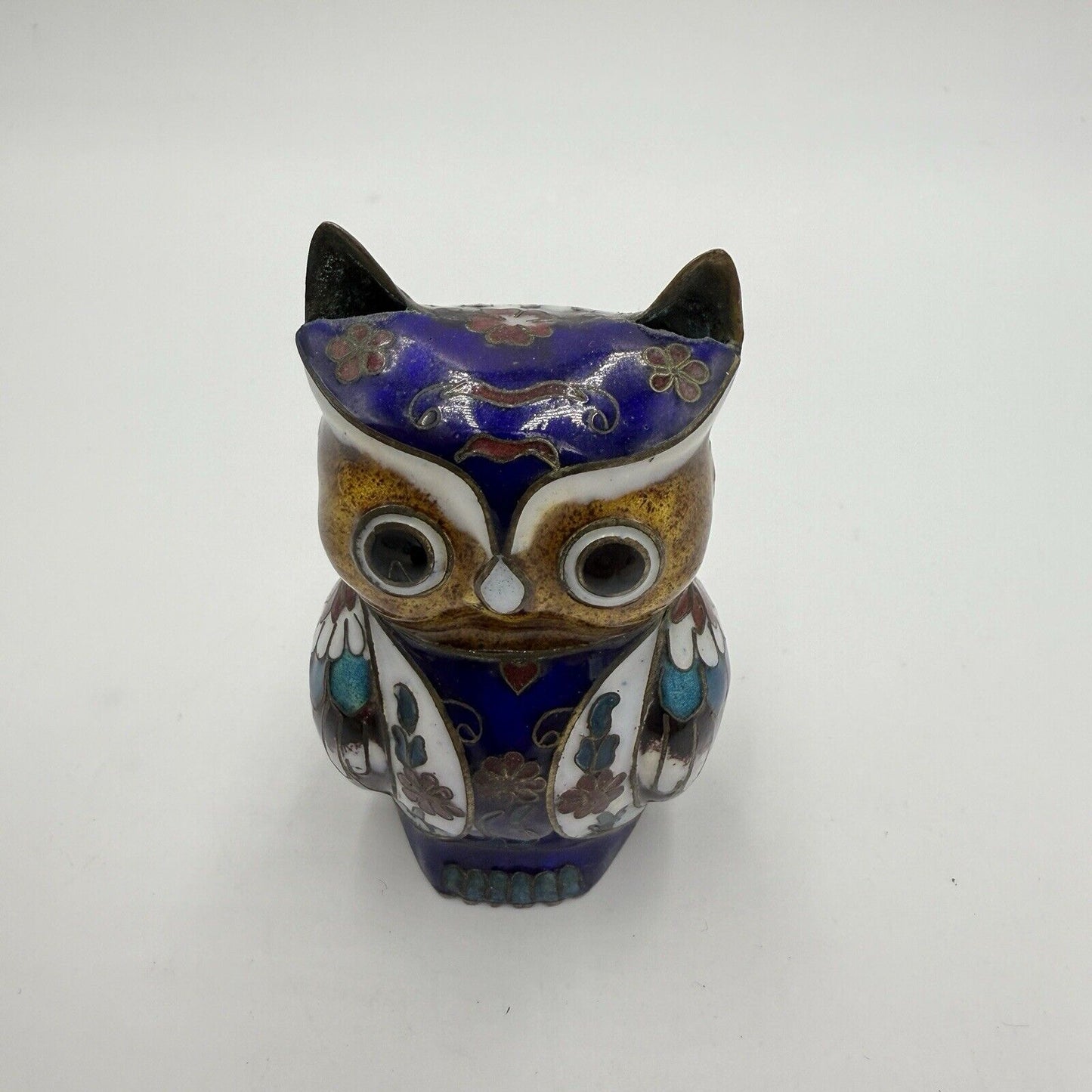 Vintage Cloisonne Chinese Brass Enameled Owl Figurine 3”