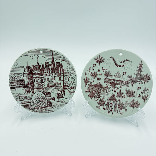Vintage NYMØLLE Pottery DENMARK  Hand Painted Wall Round Red Tiles Pair