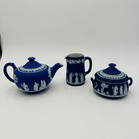 Wedgwood Teapot Sugar Bowl Pitcher Dipped Cobalt Blue #43 Set Jasperware