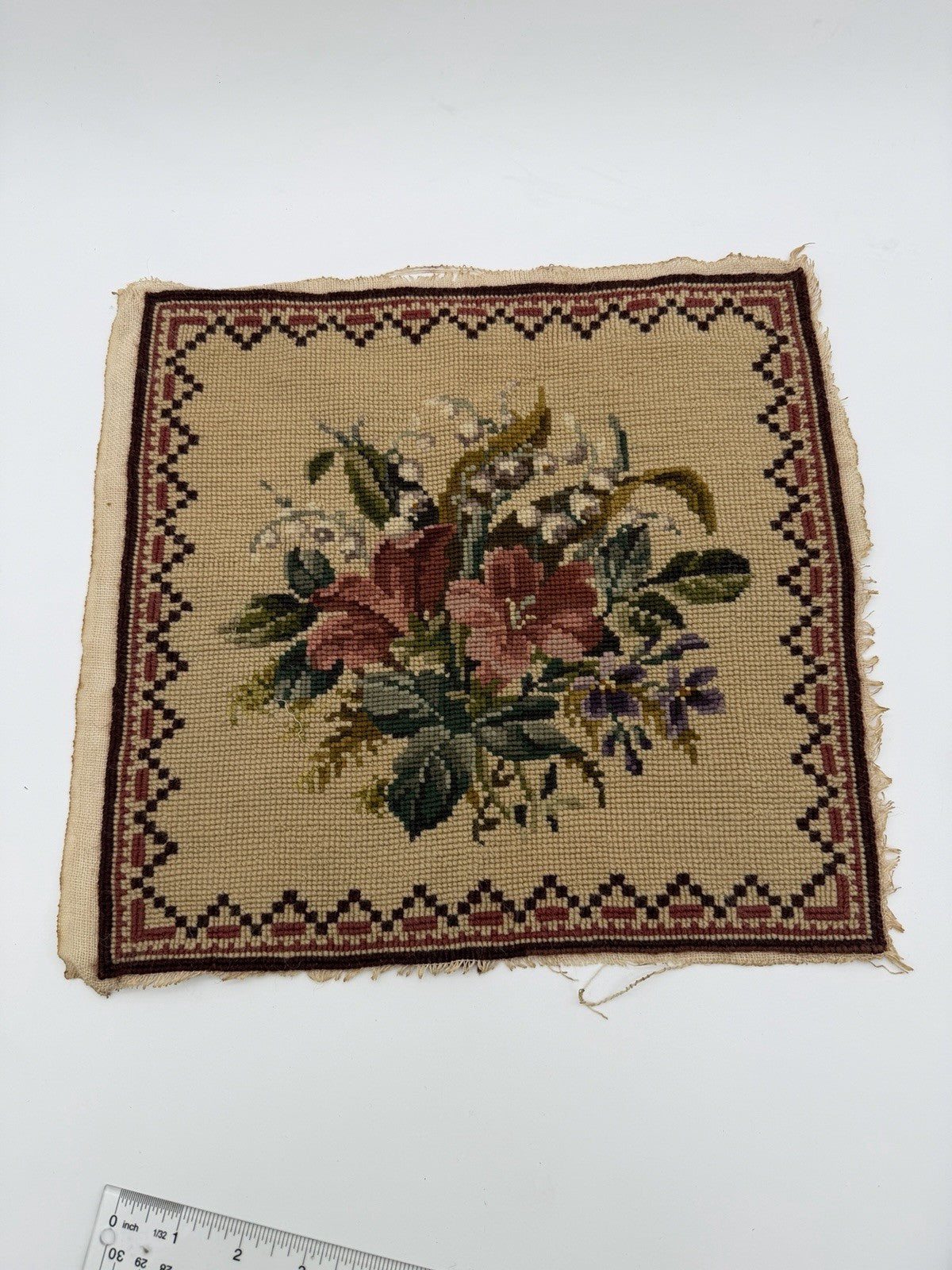 Antique Needlepoint Embroidery Victorian Roses Wool Embroidery panel top 12”x12”