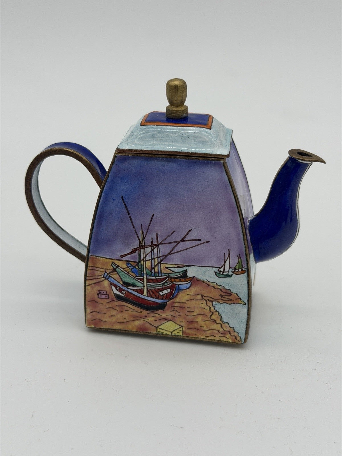 Kelvin Chen miniature enamel copper teapot Van Gogh inspired fishing boat scene