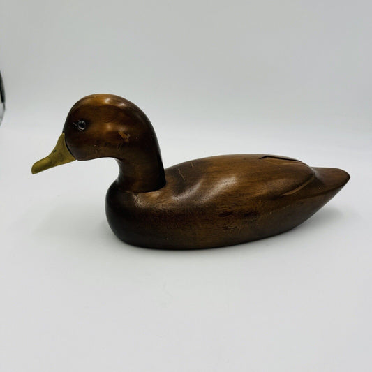 Vintage Solid Wood Decoy Duck Mallard Brass Beak Hand Carved Sculpture