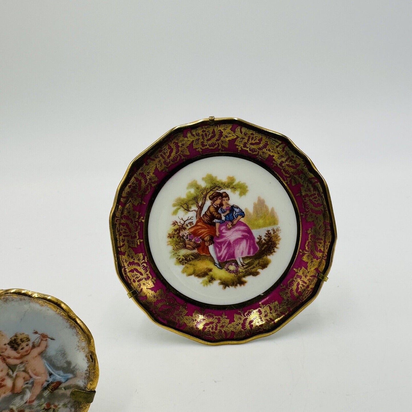 Limoges Miniature Plates Courting Couple & Cherubs Porcelain France Traditional