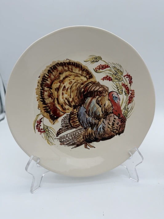 Pottery Barn Watercolor Plymouth Turkey 2 salad plates Thanksgiving 8”