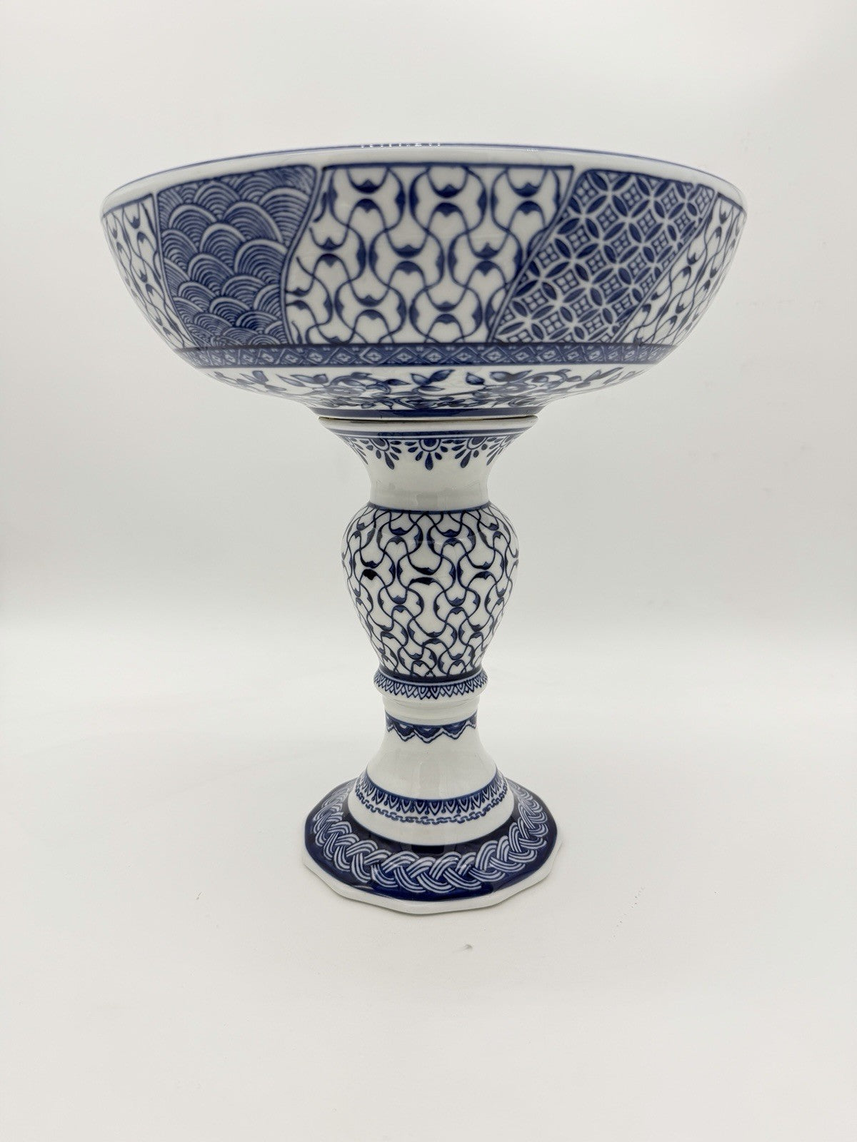 Bombay Company Blue & White Porcelain Compote Pedestal Bowl Footed 12”H X11”w