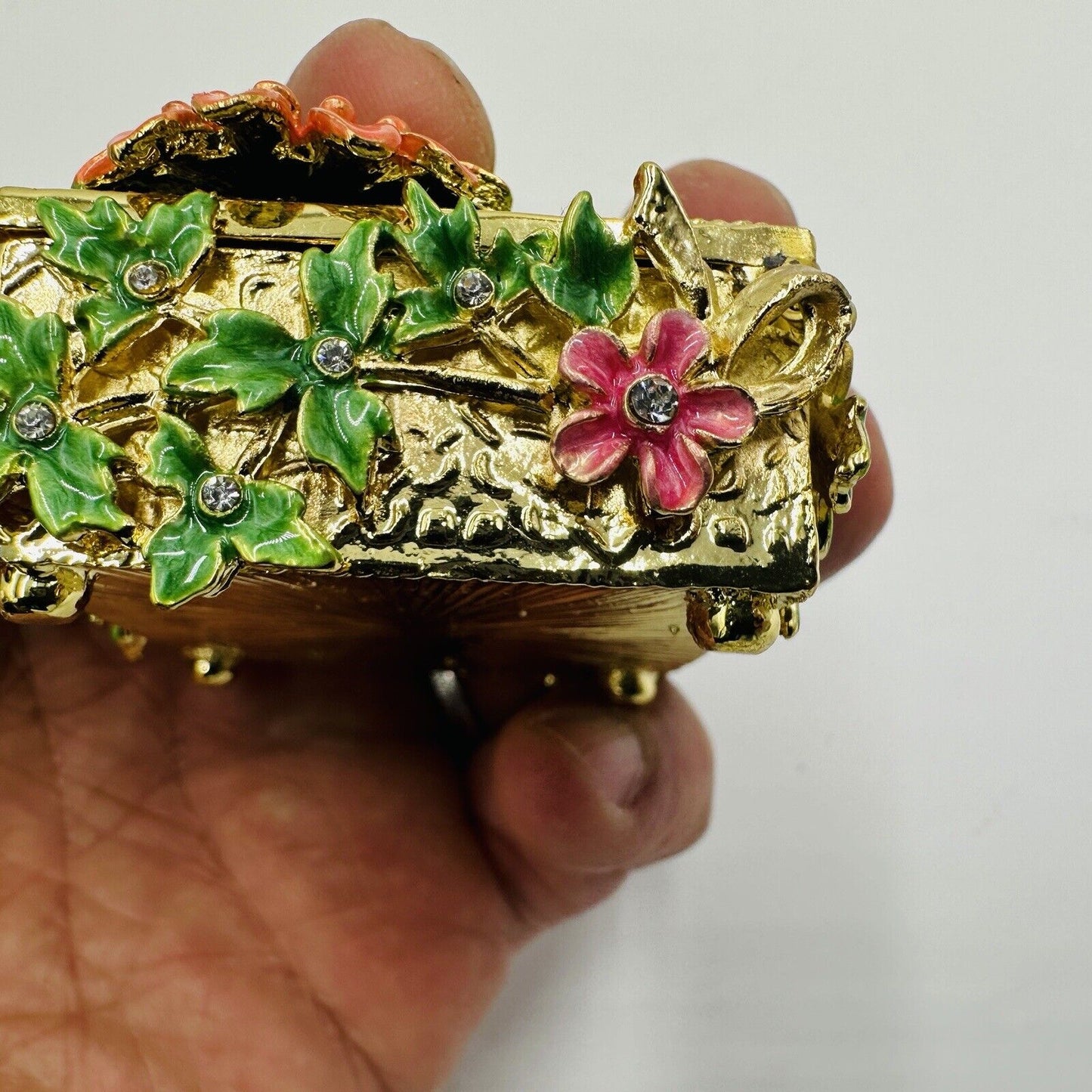 Trinket Box Rhinestone Floral and Green Hand Painted Enamel Interior Miniature