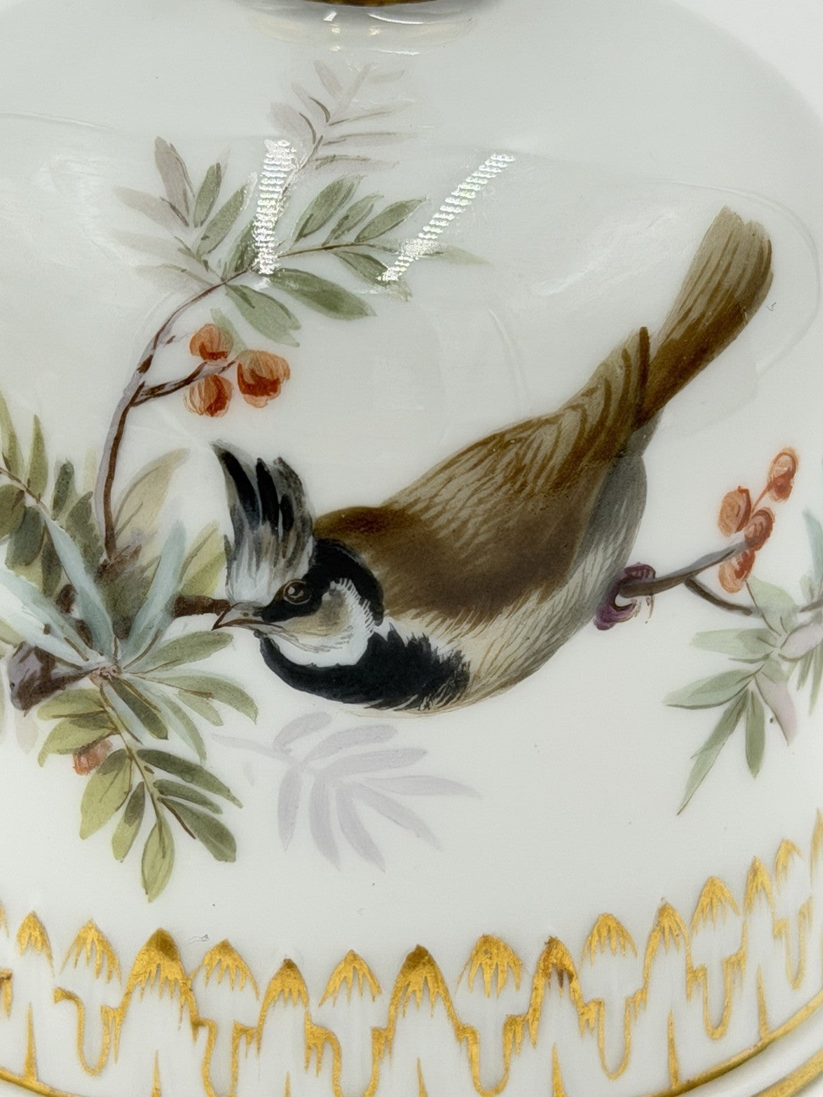 Antique 19thC Meissen Porcelain Hand Painted Birds Bell Porzellan Glocke German