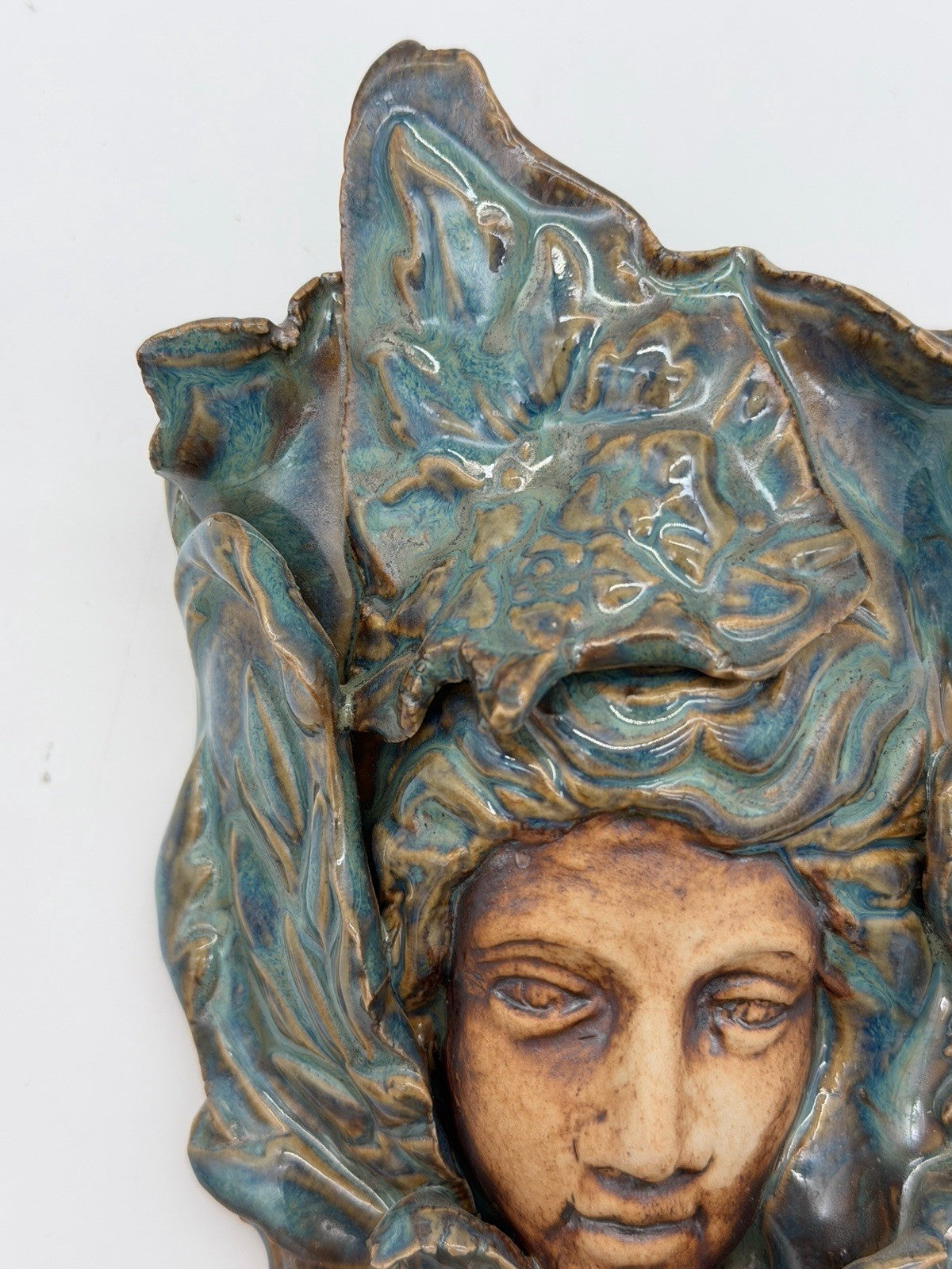 Art Nouveau Studio Art Pottery wall pocket sculpture Teal Blue Glossy 7.5”x4”