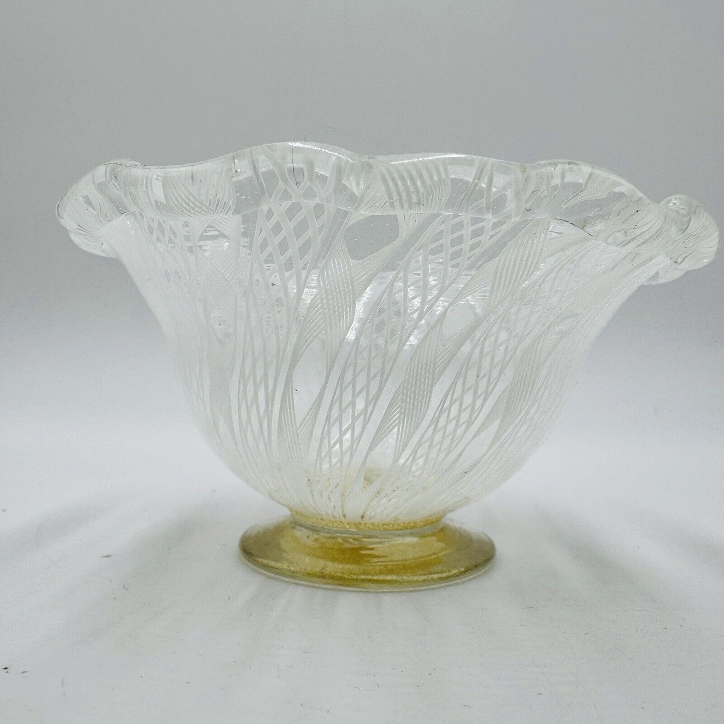 Murano Art Glass VENINI LATTICINO White ribbon bowl Italy Gold Base Small