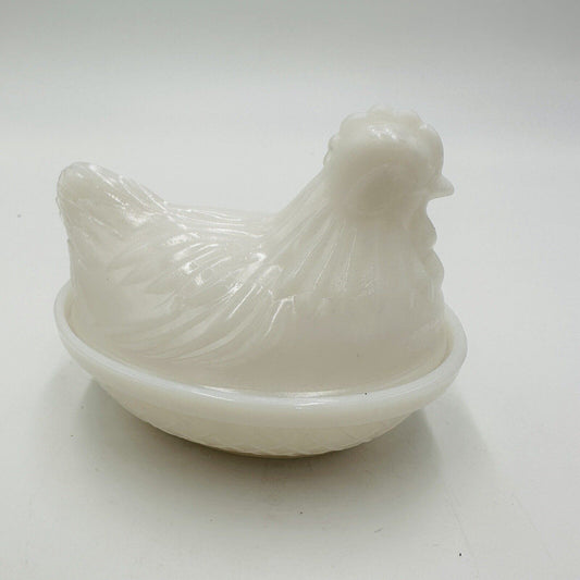 Chicken on Nest Candy Dish Hazel Atlas Platonite Milk Glass Hen 4 1/2" Lid White