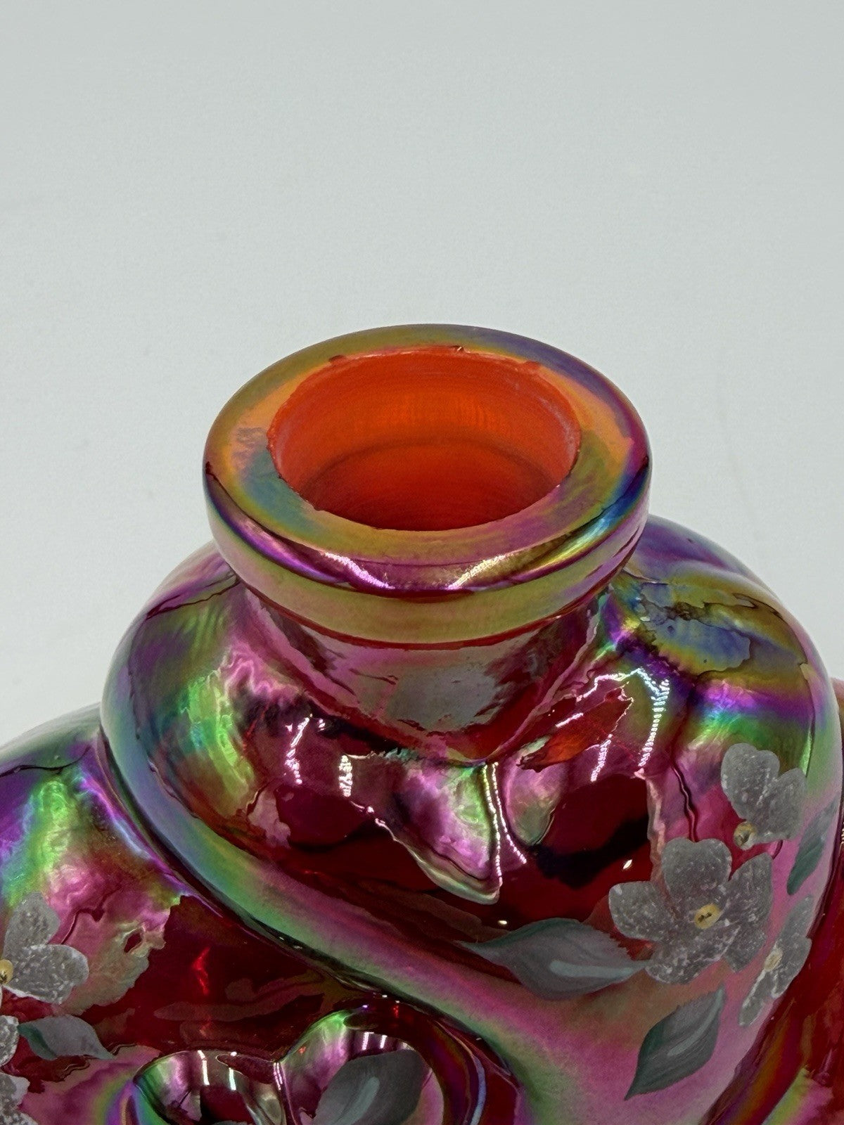 Fenton QVC Ruby Red Carnival Glass Perfume Bottle Heart Topper HP Flowers Signed