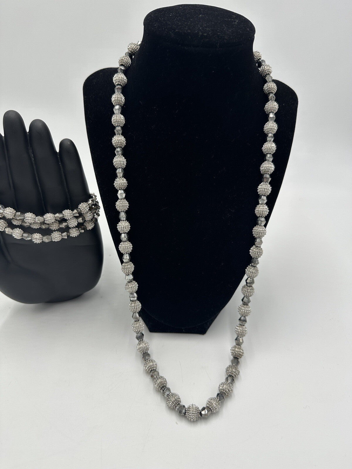 Crown Trifari Women's Jewelry Necklace And Bracelet Nubby Silver 26in Electra