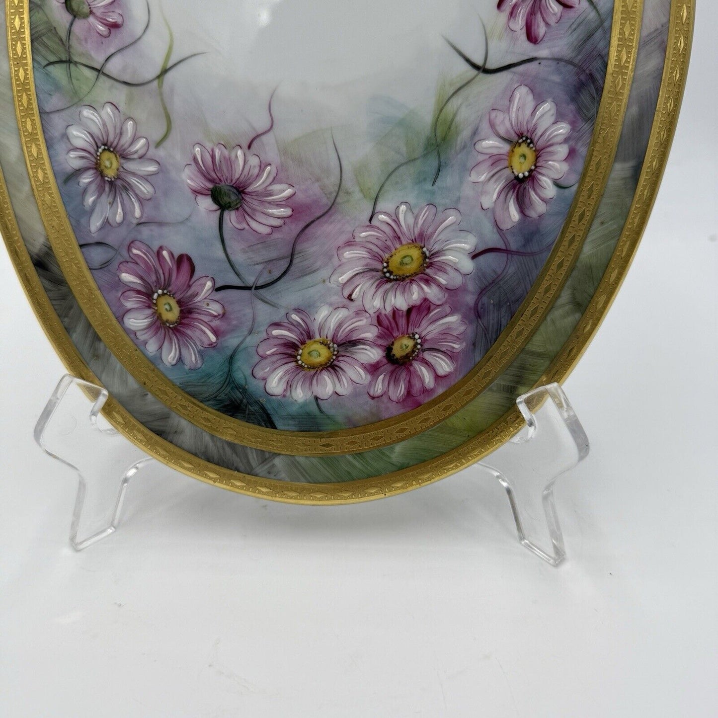 Royal Limoges France Painted Oval Floral Plaque Pink Gold Rim 12”x9” Porcelain