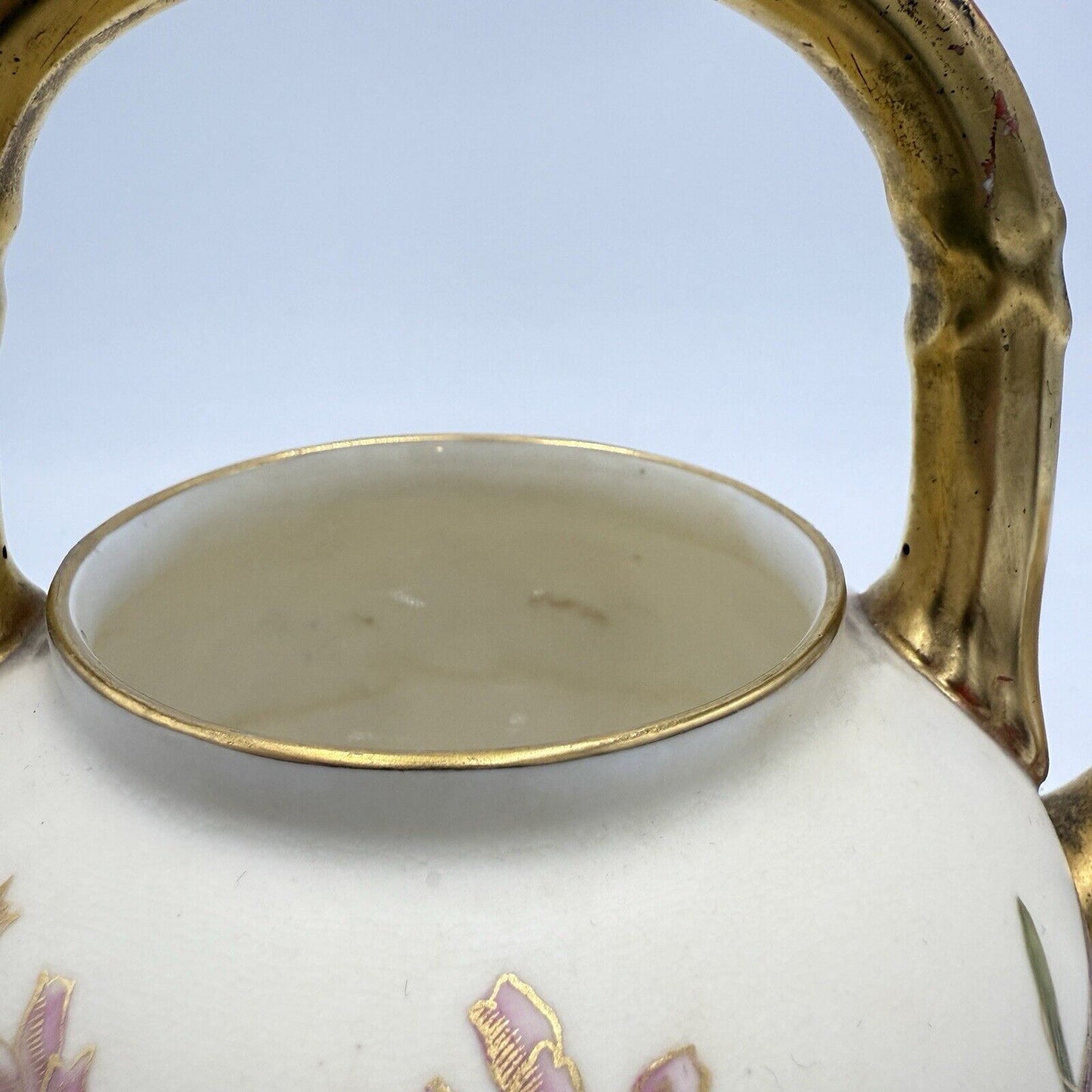 1885 English Victorian Royal Worcester Porcelain Floral Handle Teapot (No Lid )