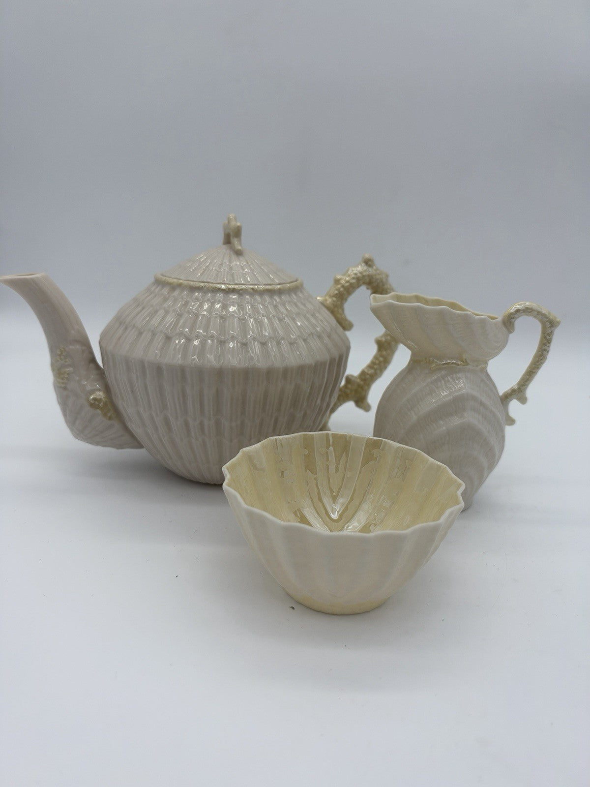 Belleek Ireland Limpet Shell Pattern Teapot Creamer &sugar Bowl 2nd Green Mark