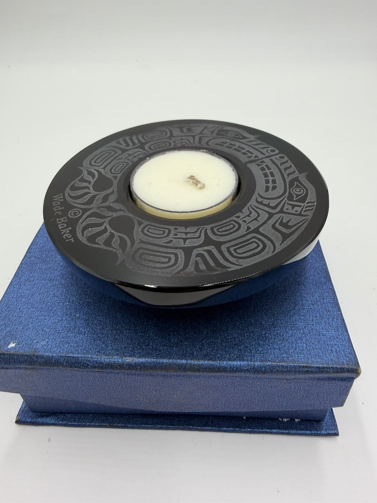 Wade Baker Double Wolf Spirit Etched Black Carved Glass Votive Candle Holder