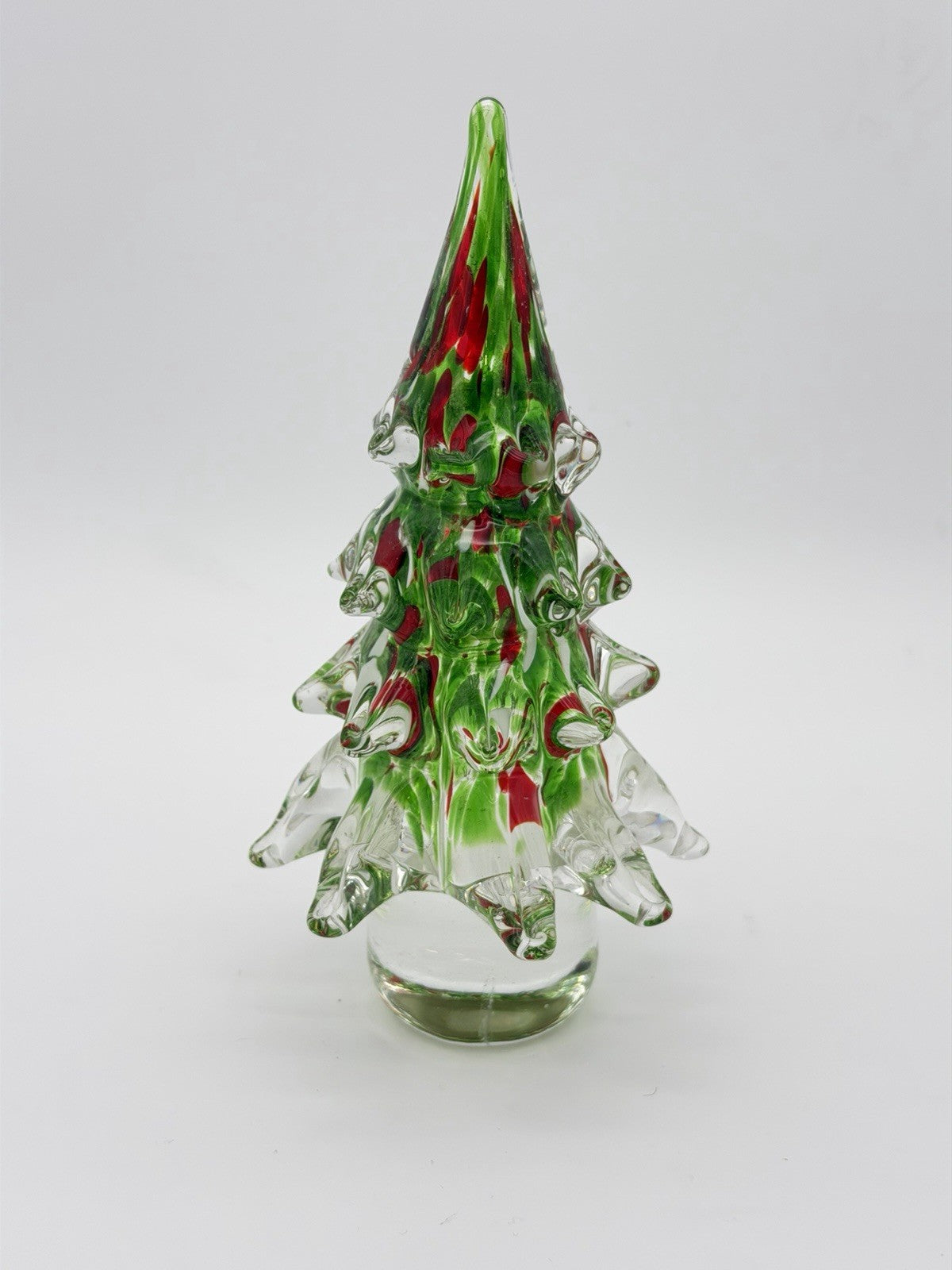 Vtg Hand Blown Art Glass Christmas Tree 9.5”H Green & Red Paperweight Figurine