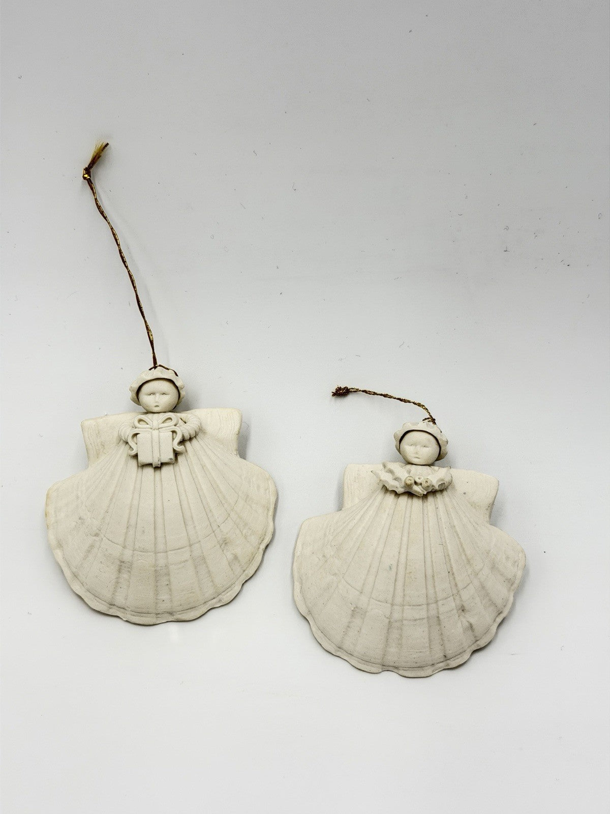 Margaret Furlong White Bisque Shell Angel Porcelain W/ Gift & Holly Ornaments 2