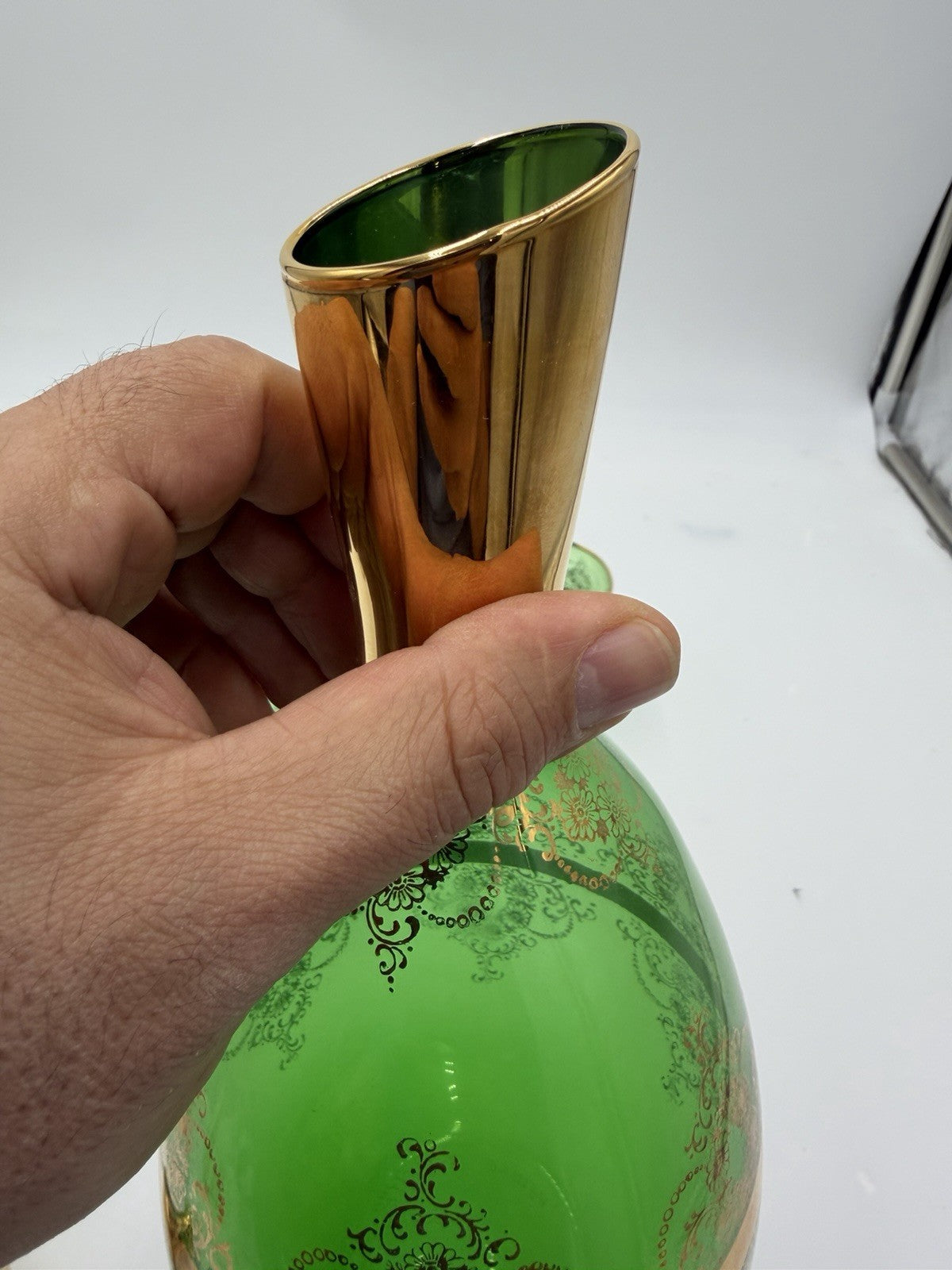 Vintage Murano Art Glass Italy Ferro & Lazzarini Decanter Set Green Emerald 4 Pc