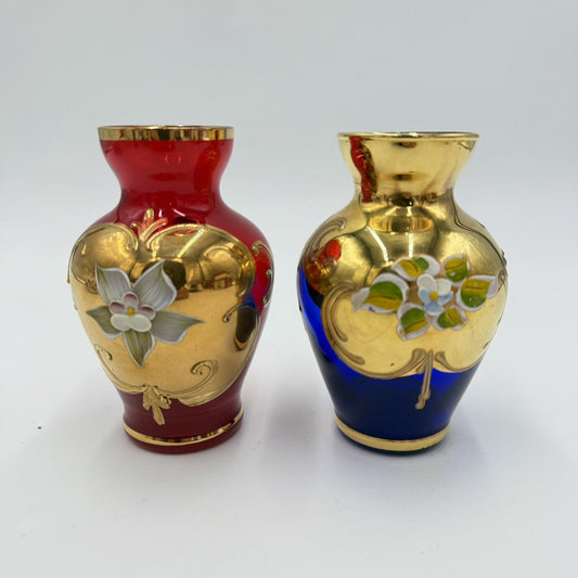 Vintage Murano Art Glass Vecchia Italy Ruby & Cobalt Gold Mini Vases 4.5” Set 2