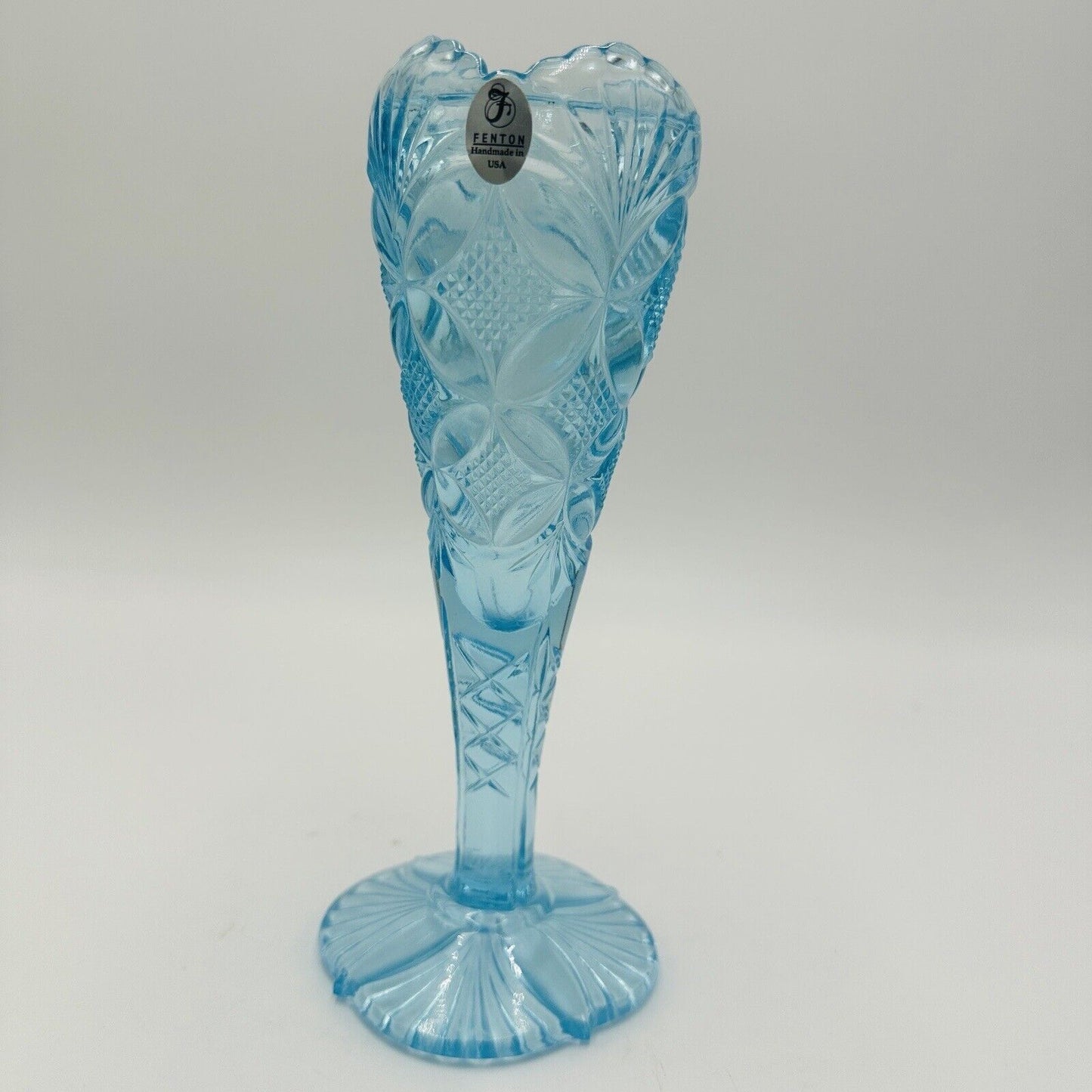 Fenton Art Glass Vase Aqua Blue With Etched Butterfly & Diamond Pattern Vintage