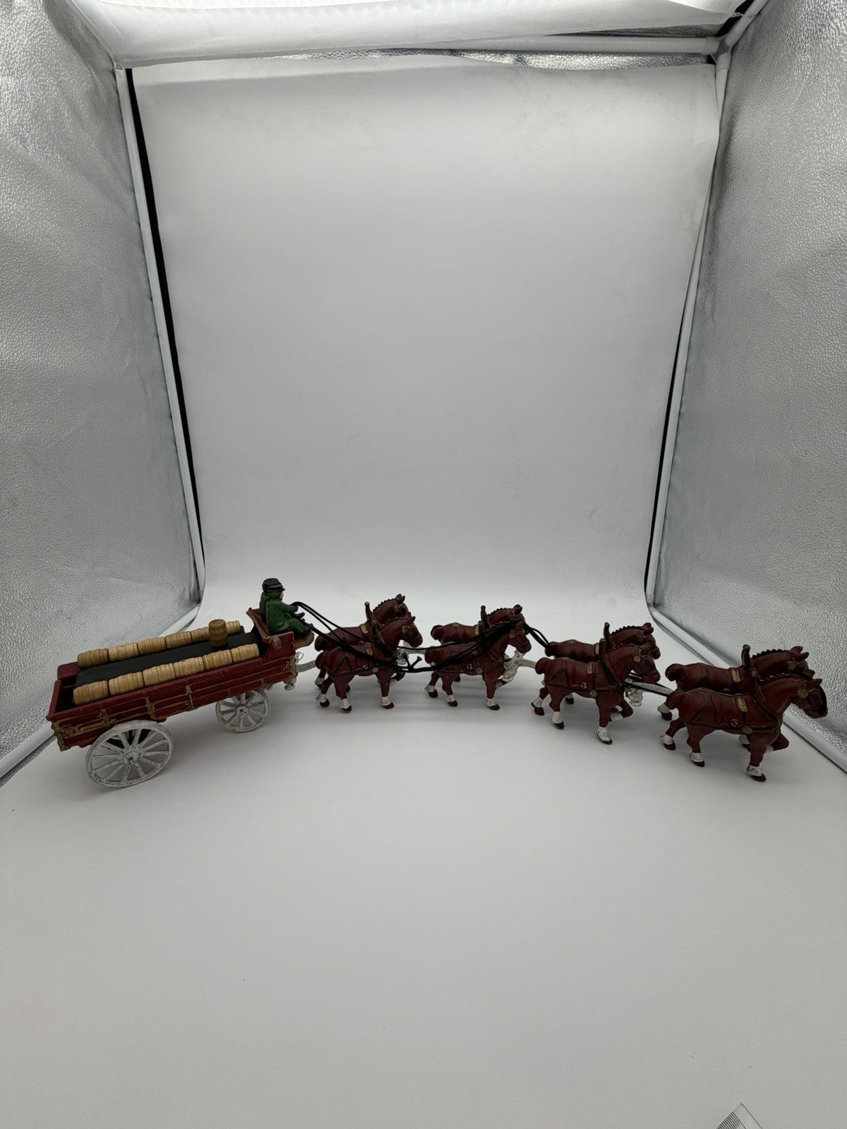 Vintage Budweiser Clydesdale Horse & Beer Wagon Cast Iron Set w/ 11 Wood Barrels