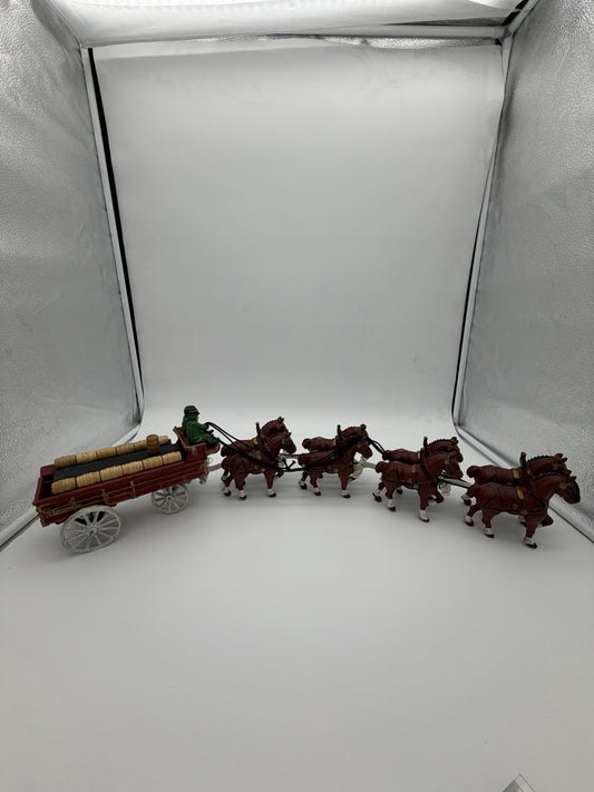 Vintage Budweiser Clydesdale Horse & Beer Wagon Cast Iron Set w/ 11 Wood Barrels