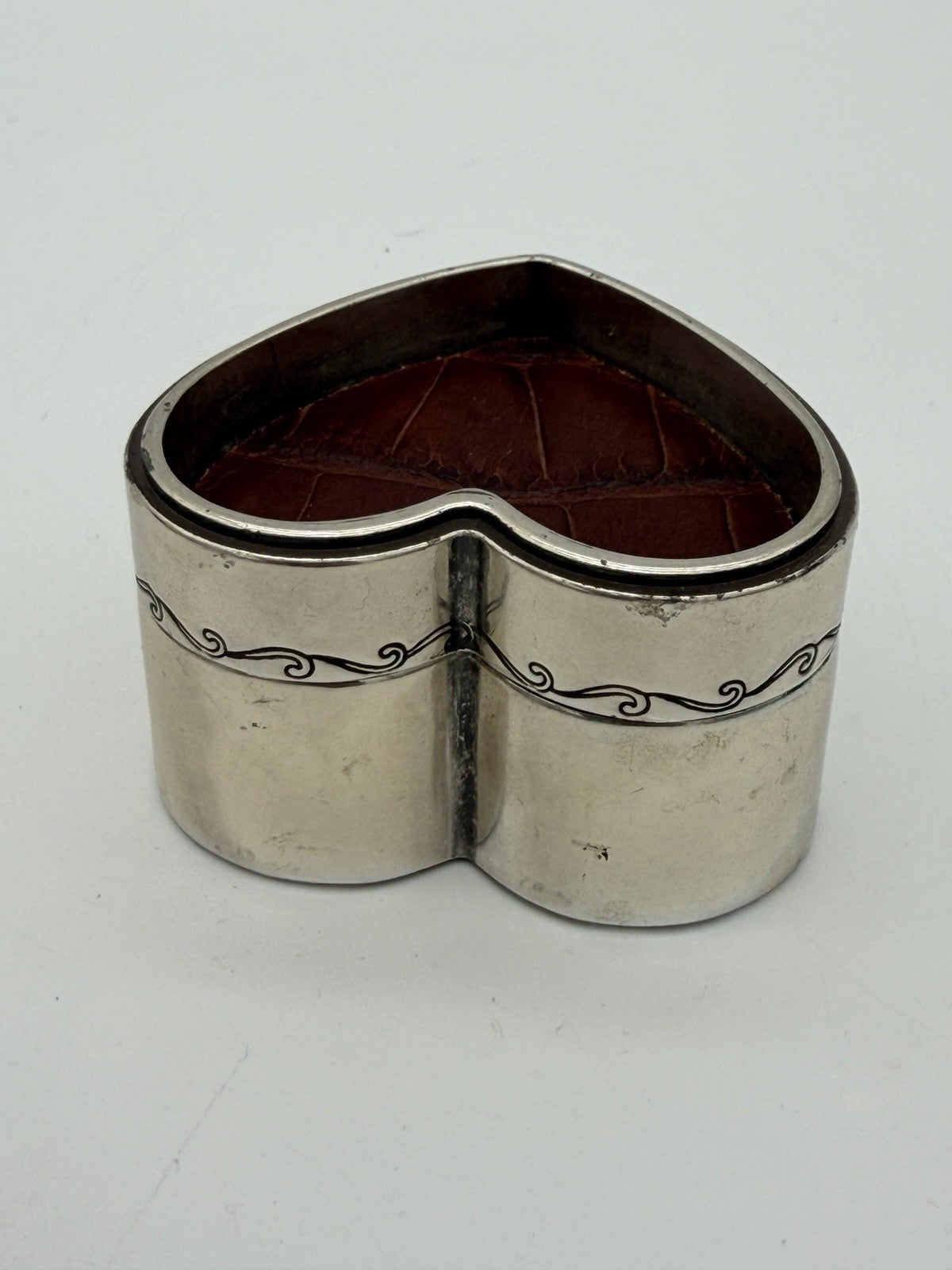 Vintage Brighton Silver Tone Trinket Box Heart Shape Leather Accents Jewelry Box