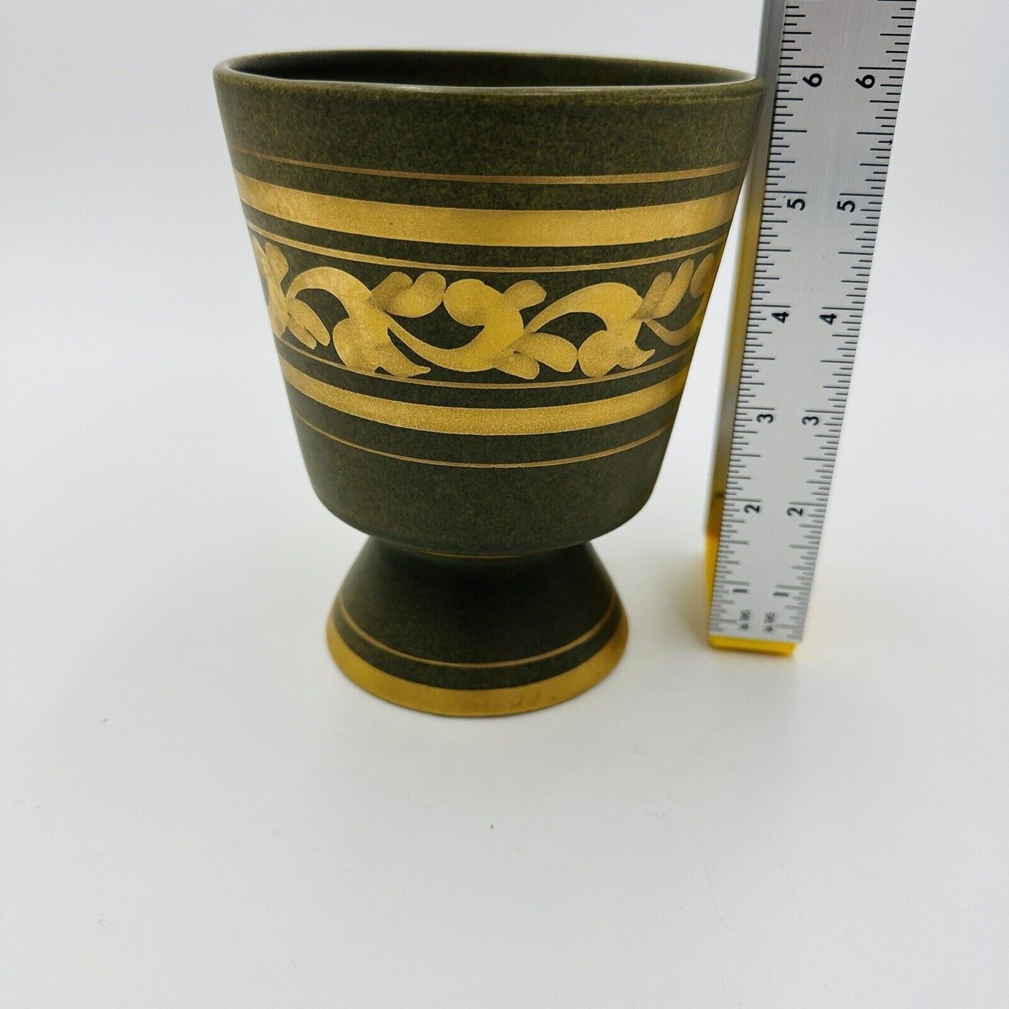 Vee Jackson Vase California Pottery Footed Planter Green Gold Trim MCM