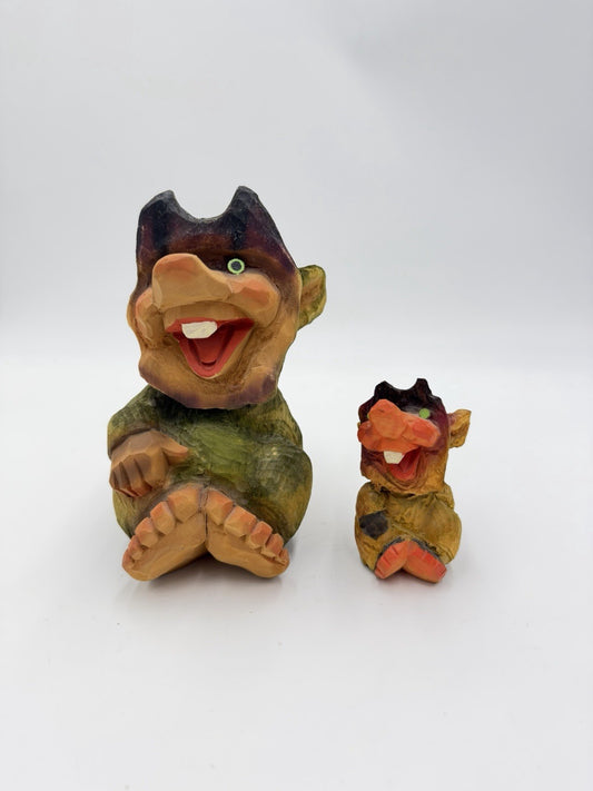 Henning Hand Carved Norwegian Troll Authentic Wooden Folk Art Figurine 6.5” Set