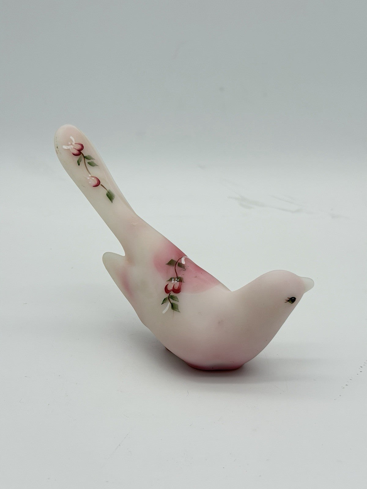 Fenton Rosaline Pink Satin Art Glass Bird Hand Painted Signed Shelley Fenton