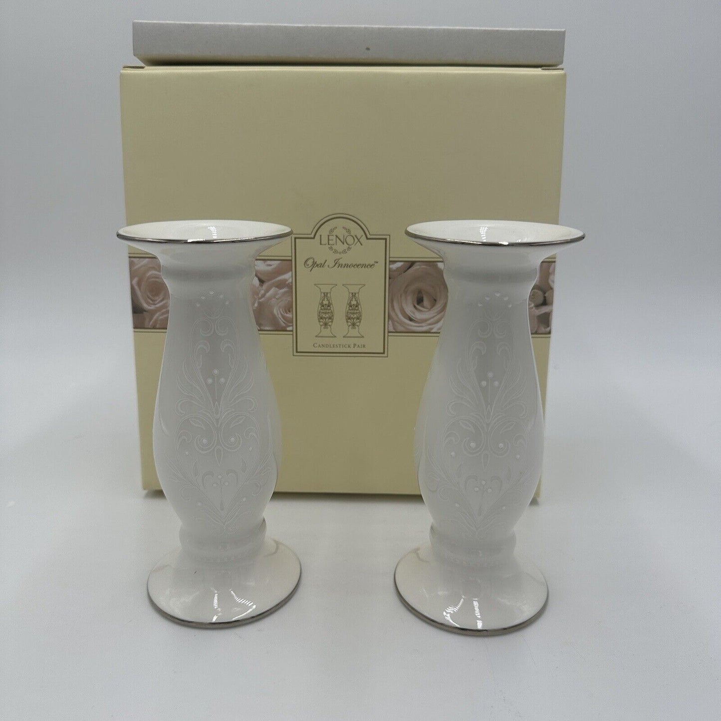 Lenox Candlesticks Set Table Decor Home Dining Porcelain White Opal Innocence