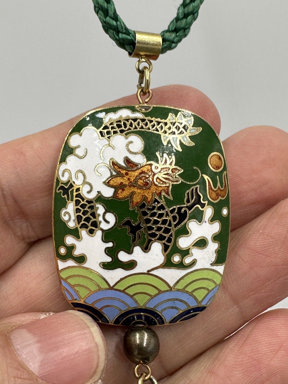 Necklace Tasseled Enamel Pendant Asian Dragon Design Gold Tone Vintage Green