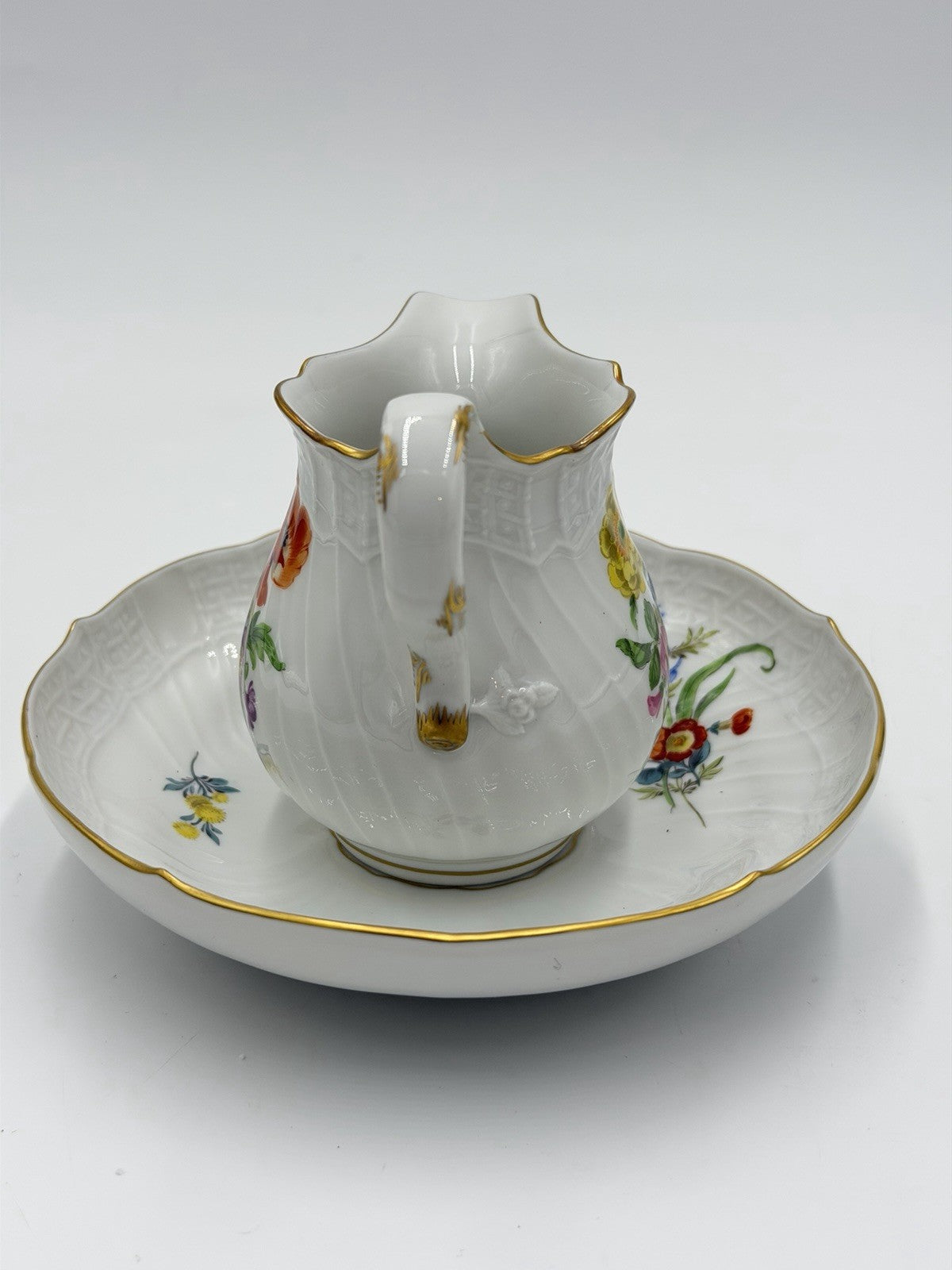 Antique Meissen Neubrandenstein Germany Porcelain Creamer & Saucer Set Floral