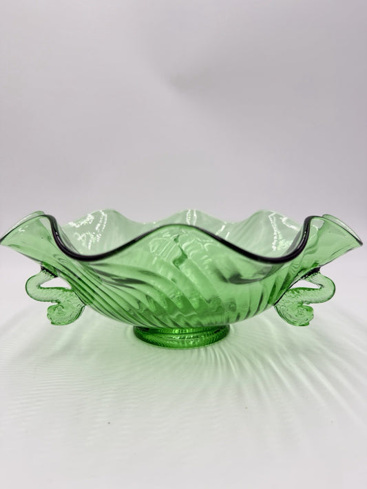 Rare Fenton Art Glass Green Emerald Scalloped Dolphin Art Deco Candy Bowl 3”x9”h