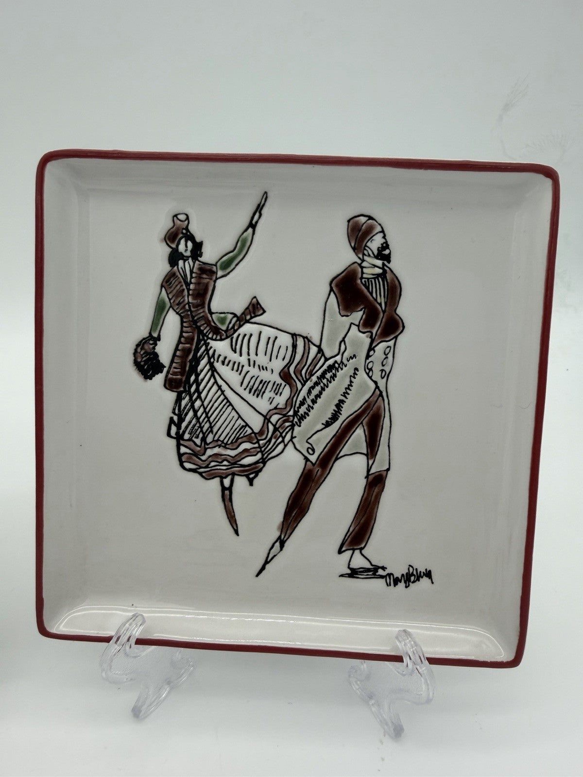 Rare Mary Blair Signed Stoneware Square Skating On Ice Trays Victorian Couples