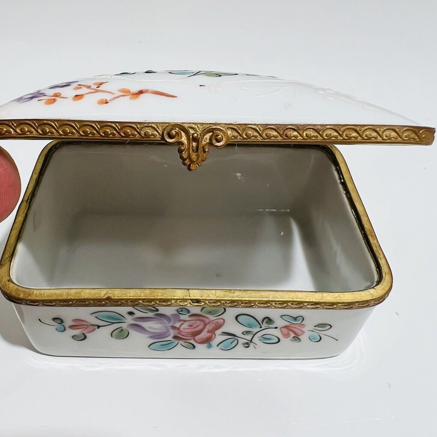 French Trinket Box Porcelain Floral Decoration Made In France with Lid Antique